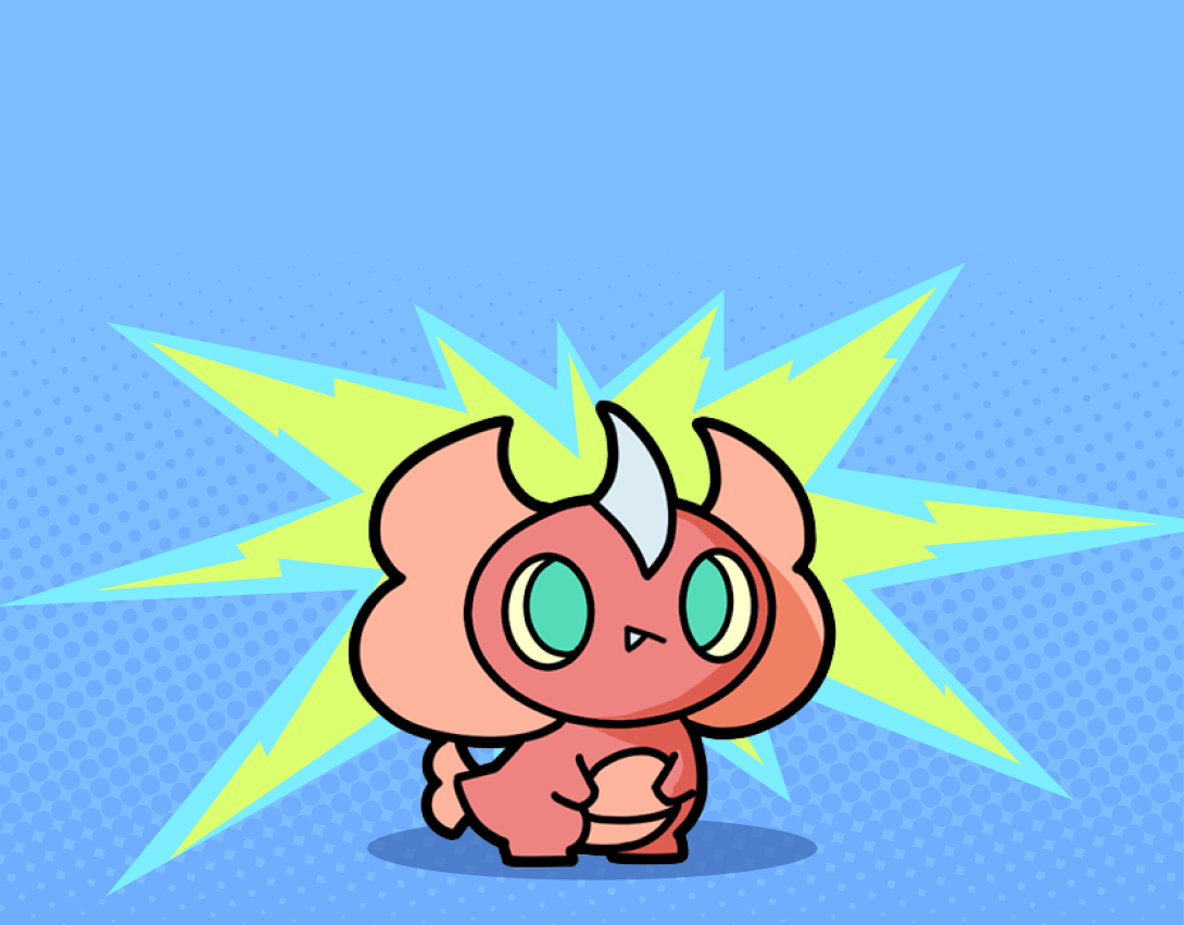 A pink cat-like Gido character with a yellow star burst