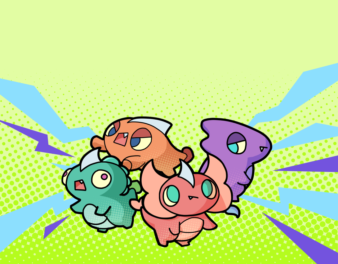 Four colorful Gido characters grouped together