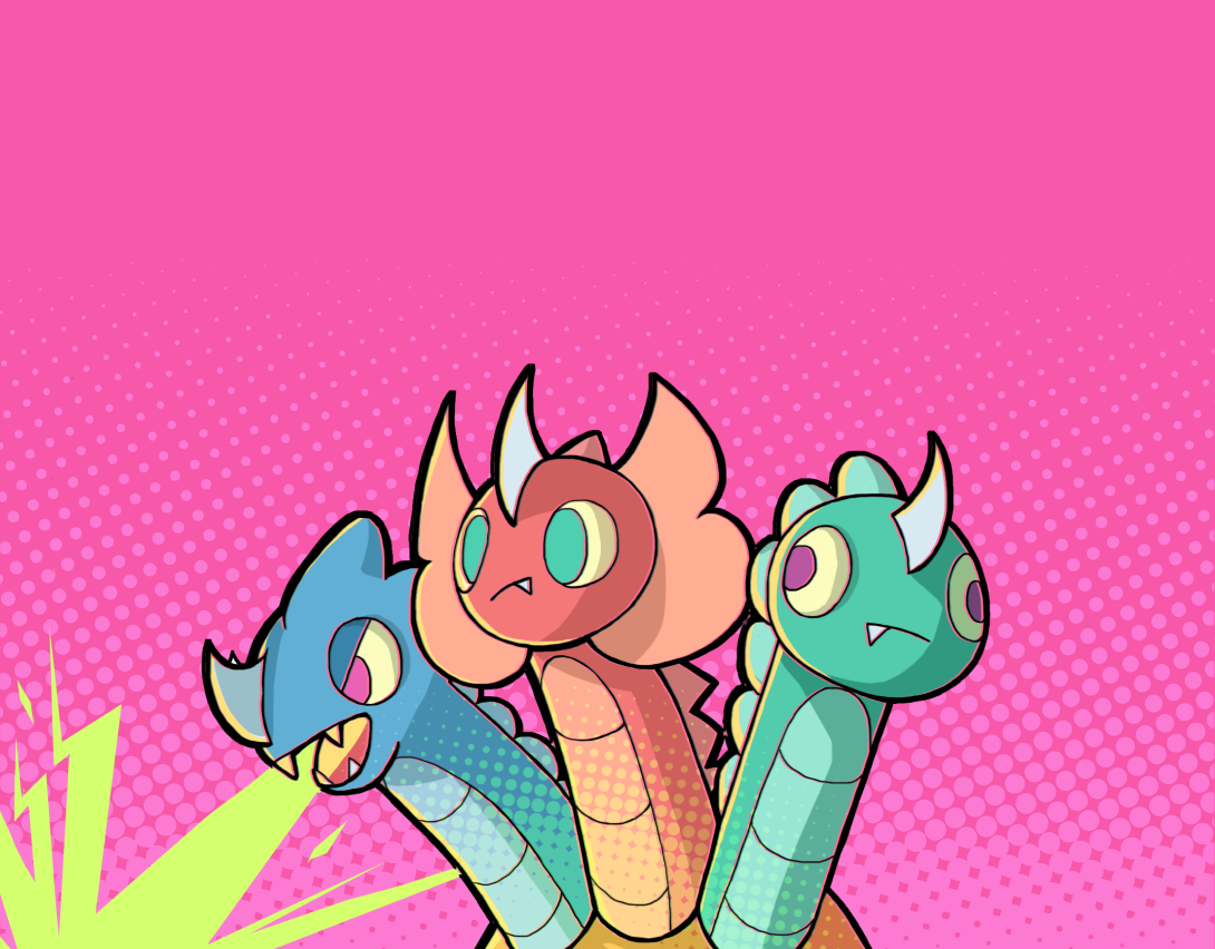 Three Gido characters fused into a giant three-headed dragon